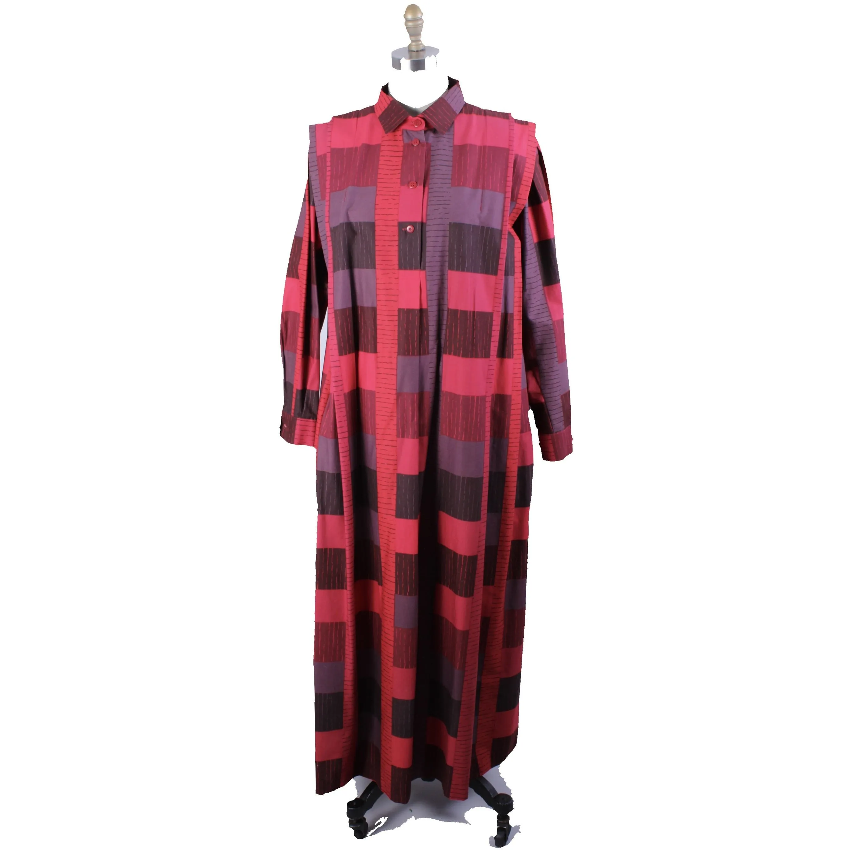 Vintage Marimekko 1980s Cotton Plaid Shirt Tent Maxi Dress Red & Purple  40/12 M/L