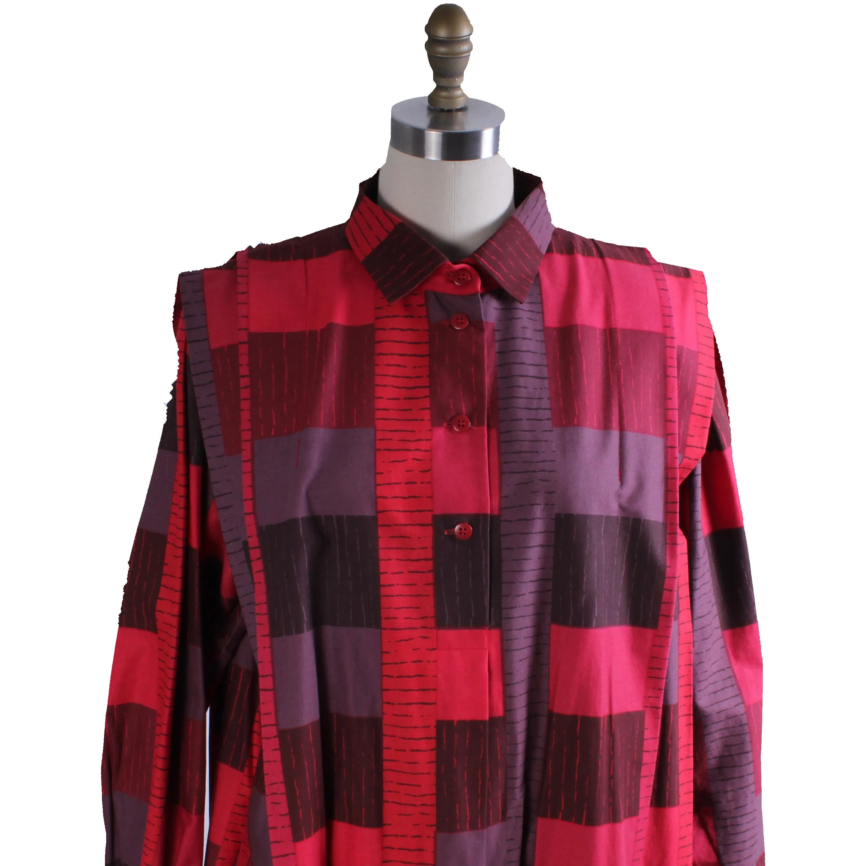 Vintage Marimekko 1980s Cotton Plaid Shirt Tent Maxi Dress Red & Purple  40/12 M/L