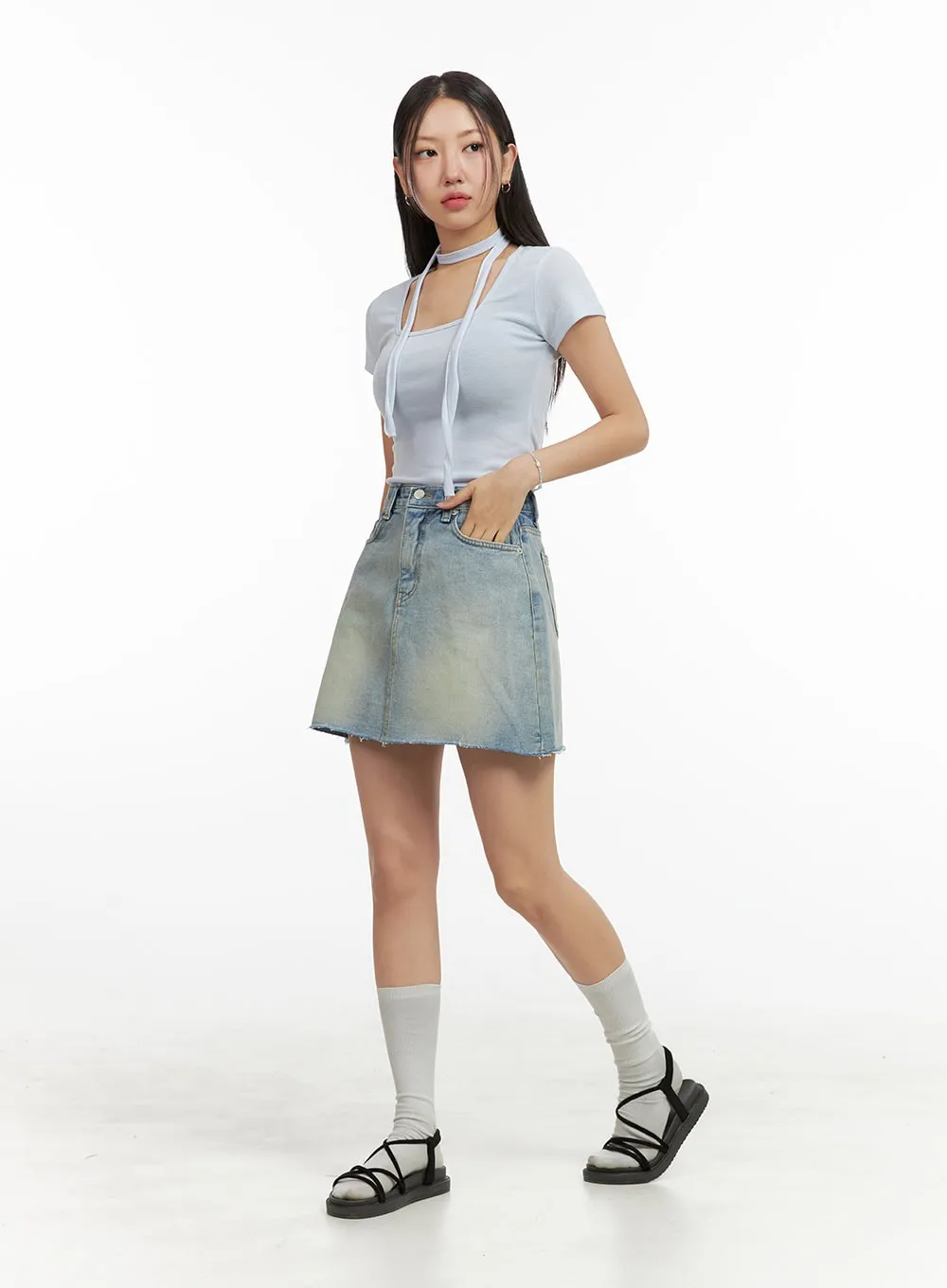 Washed Mini Denim Skirt OU407