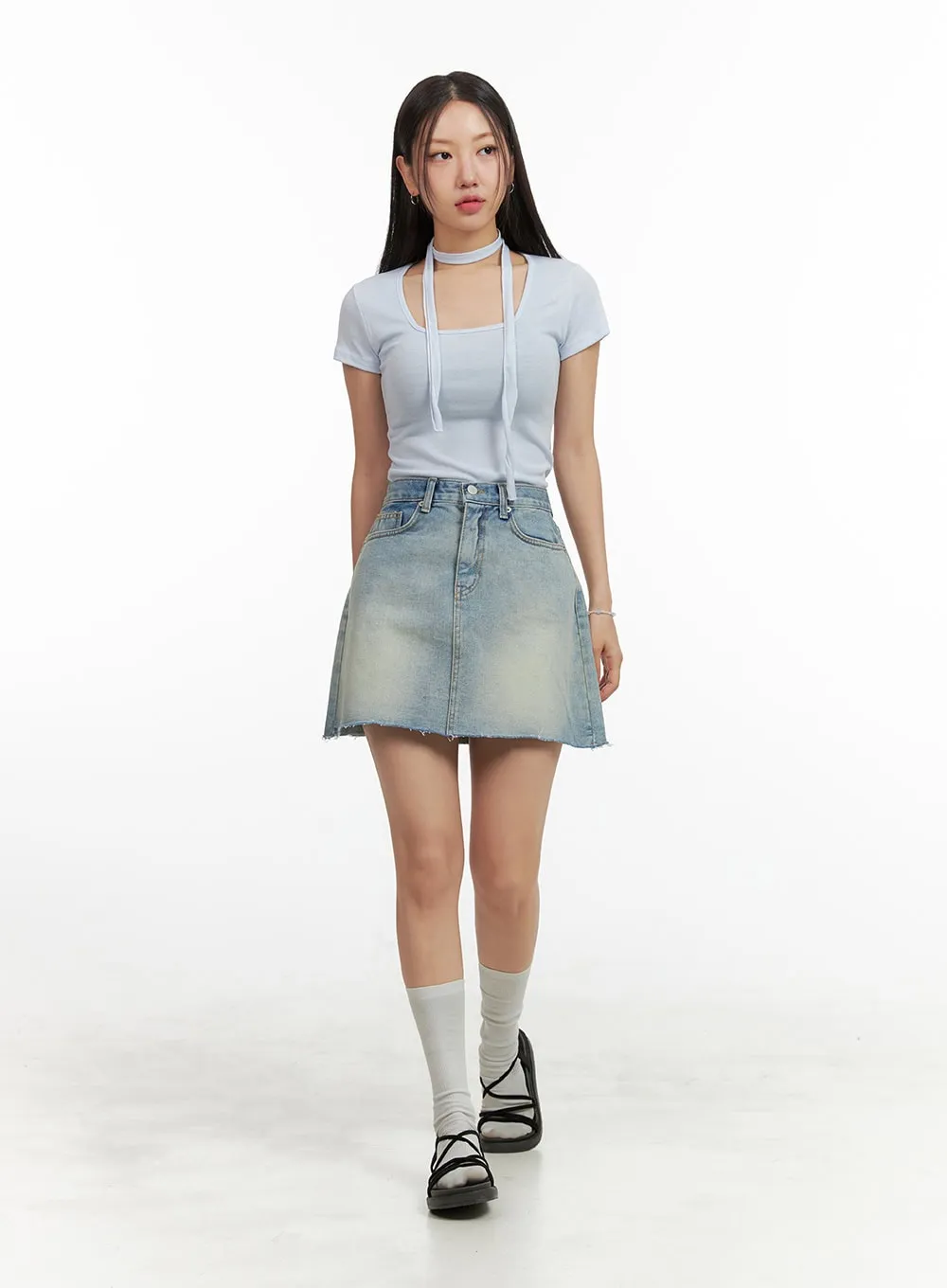 Washed Mini Denim Skirt OU407