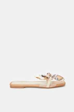 Women Beige Mule Embellished With Scarf Upper