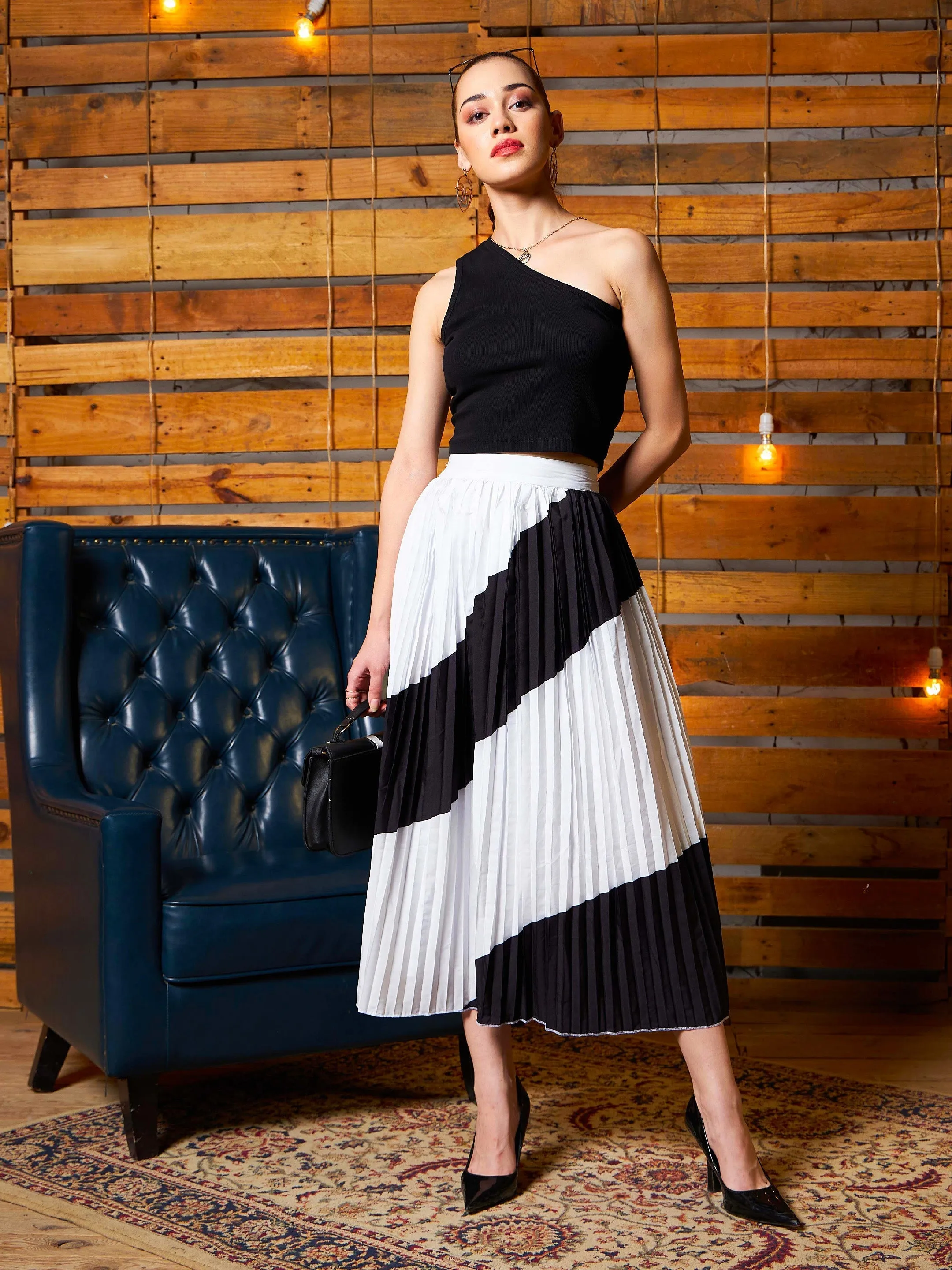 Women Black Crop Top With Colour Block Pleated Skirt