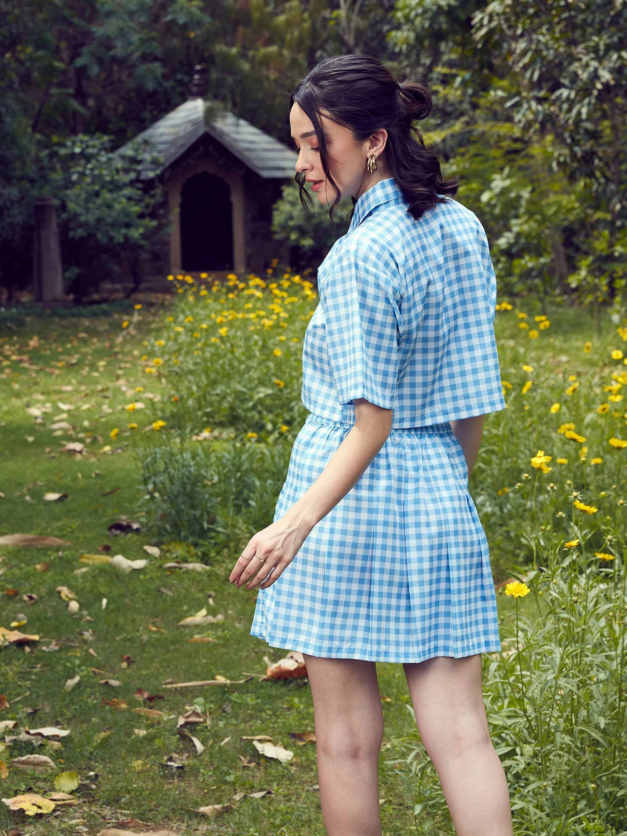 Women Blue Check Crop Shirt With Pleated Mini Skirt