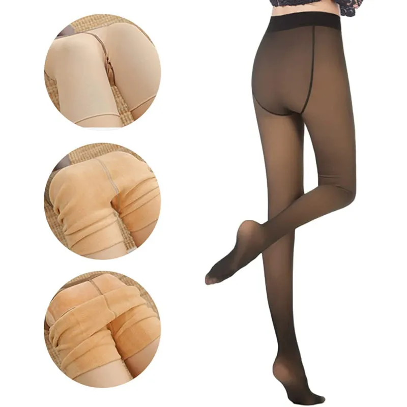 Women Warm Fleece Translucent Pantyhose Tights, Fake Translucent Fleece Winter Thermal Pantyhose for Women