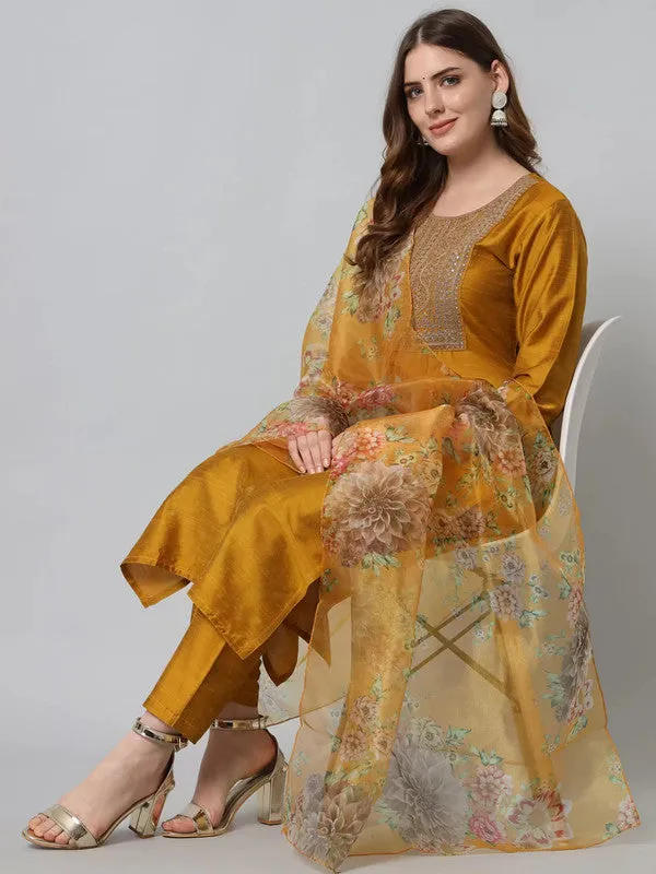 Womens Mustard Cotton Silk Embroidery Kurta Pant Set With Dupatta