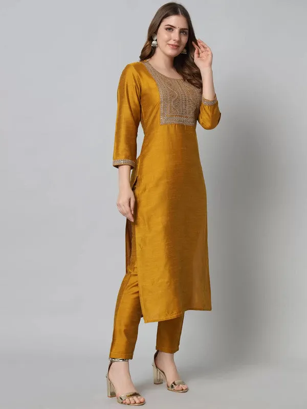 Womens Mustard Cotton Silk Embroidery Kurta Pant Set With Dupatta