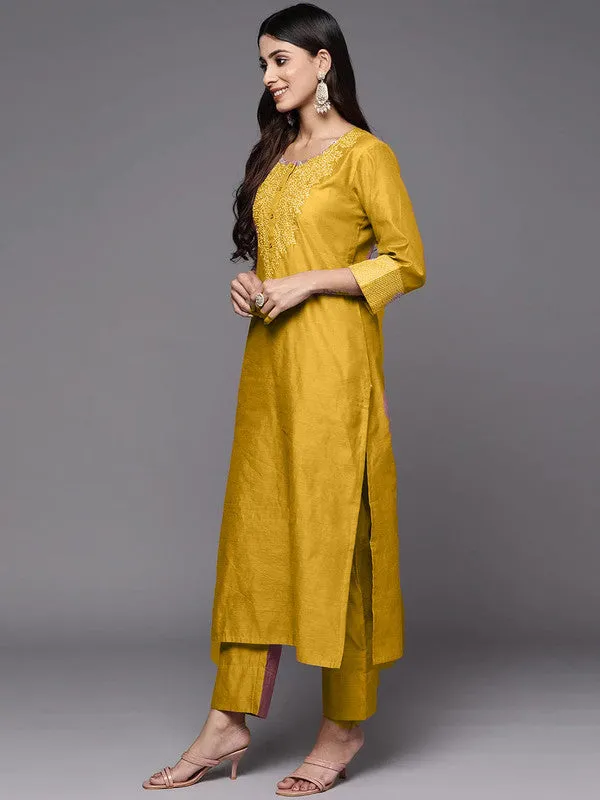 Womens Mustard Poly Silk Embroidery Kurta Pant Set With Dupatta