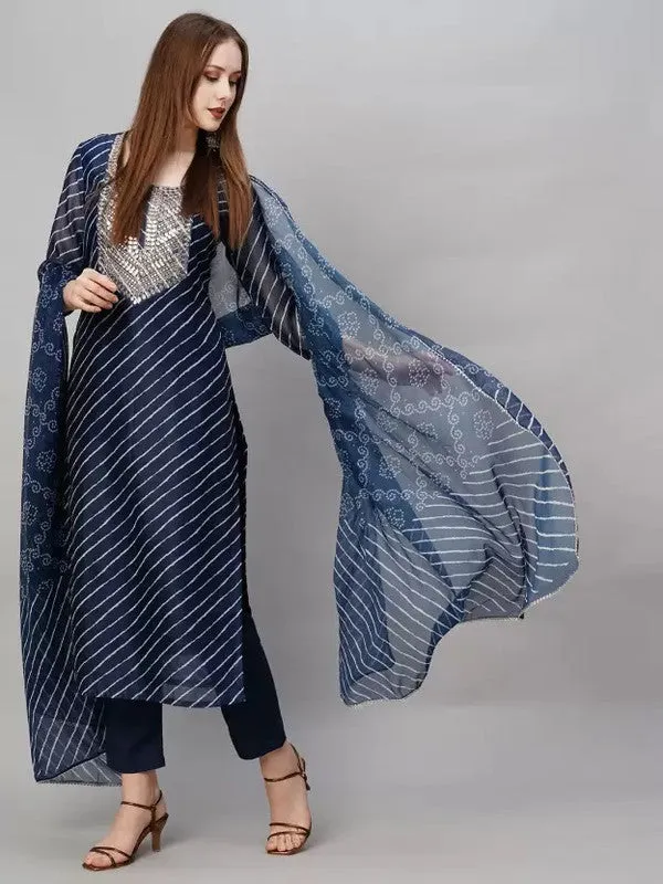 Womens Navy Viscose Cotton Leheriya Printed & Embroidery Kurta Pant Set With Dupatta