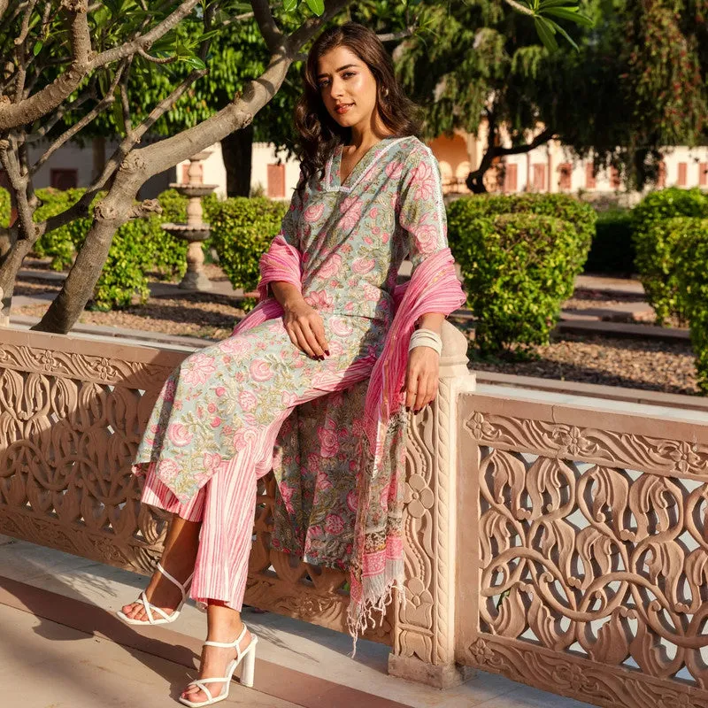 Womens Pink Cotton Floral Printed Kurta and Pant Set with Dupatta