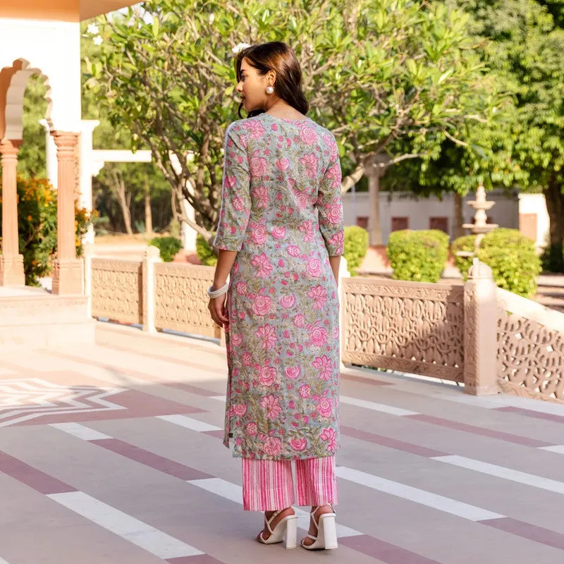 Womens Pink Cotton Floral Printed Kurta and Pant Set with Dupatta