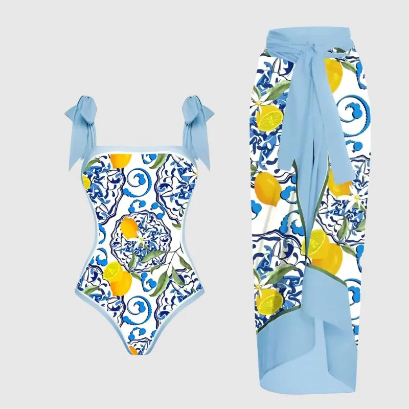 Women's Retro One-piece Swimsuit and Cover-up Scarf Set