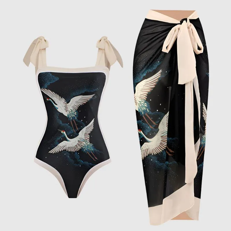 Women's Retro One-piece Swimsuit and Cover-up Scarf Set