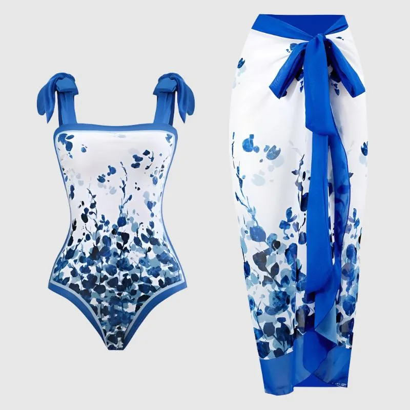 Women's Retro One-piece Swimsuit and Cover-up Scarf Set