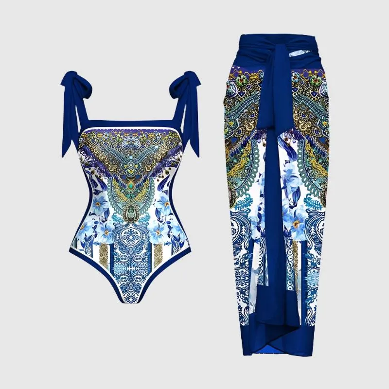 Women's Retro One-piece Swimsuit and Cover-up Scarf Set