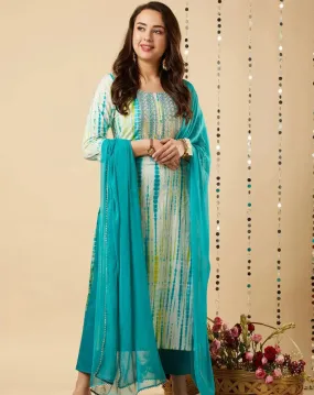 Womens Sky Blue Viscose Cotton Leheriya Printed & Embroidery Kurta Pant Set With Dupatta