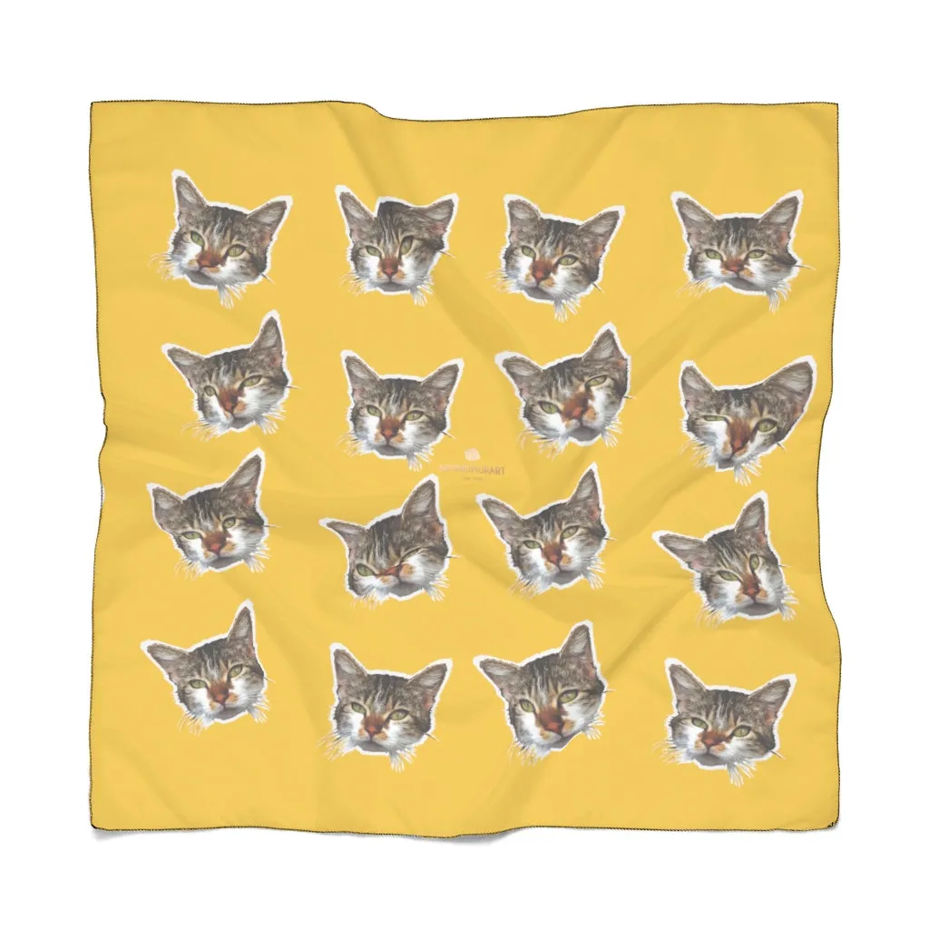 Yellow Cat Print Poly Scarf, Cute Sheer Scarves Fashion Accessories For Women- Made in USA