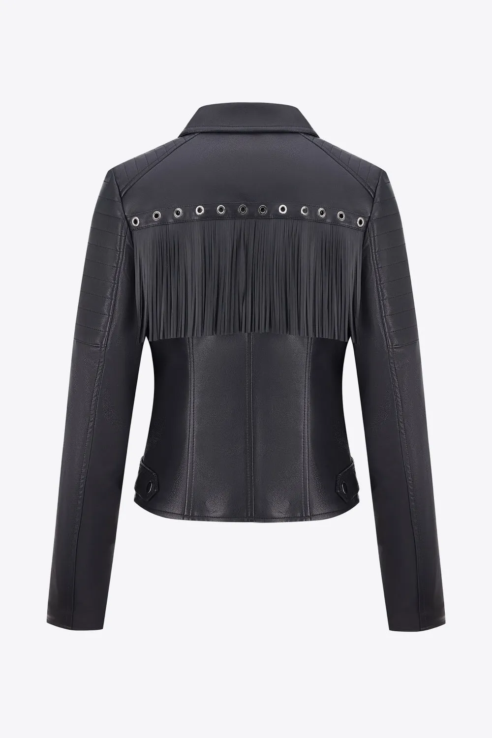 Zip Up Fringe Trim PU Leather Jacket