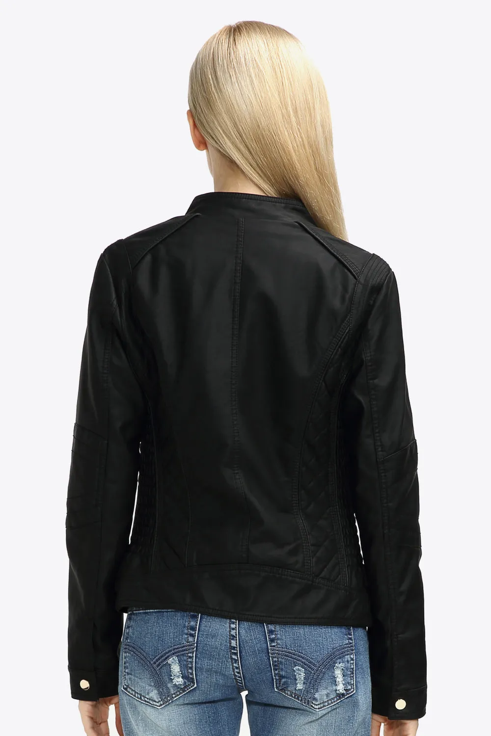 Zip Up PU Leather Jacket with Pockets