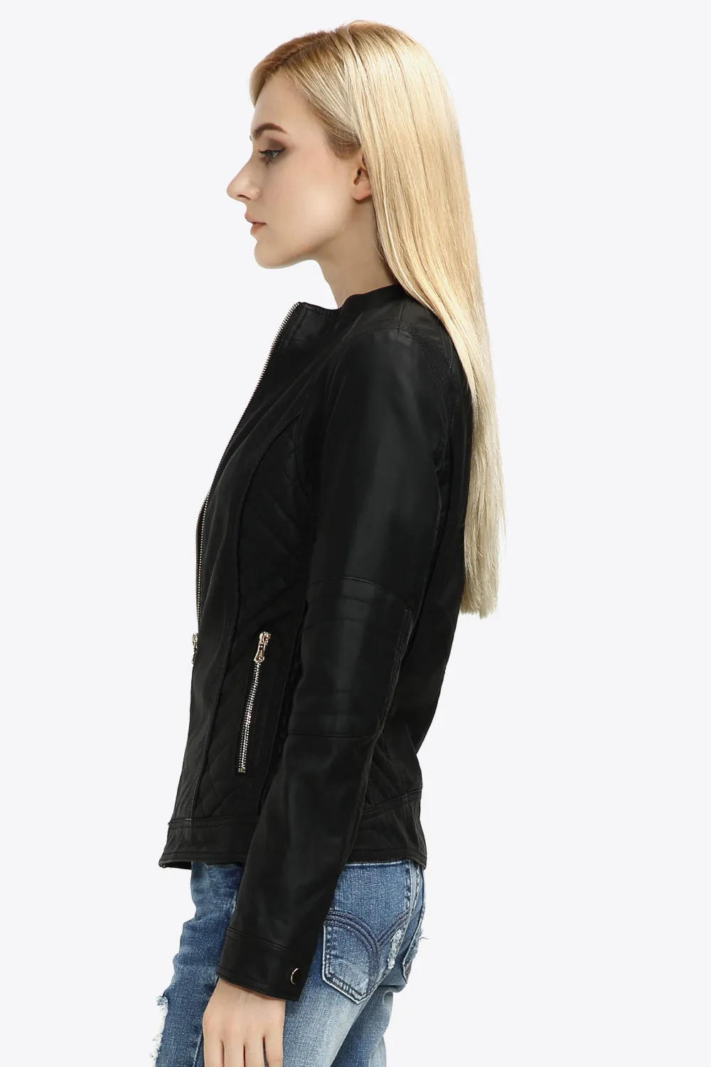 Zip Up PU Leather Jacket with Pockets