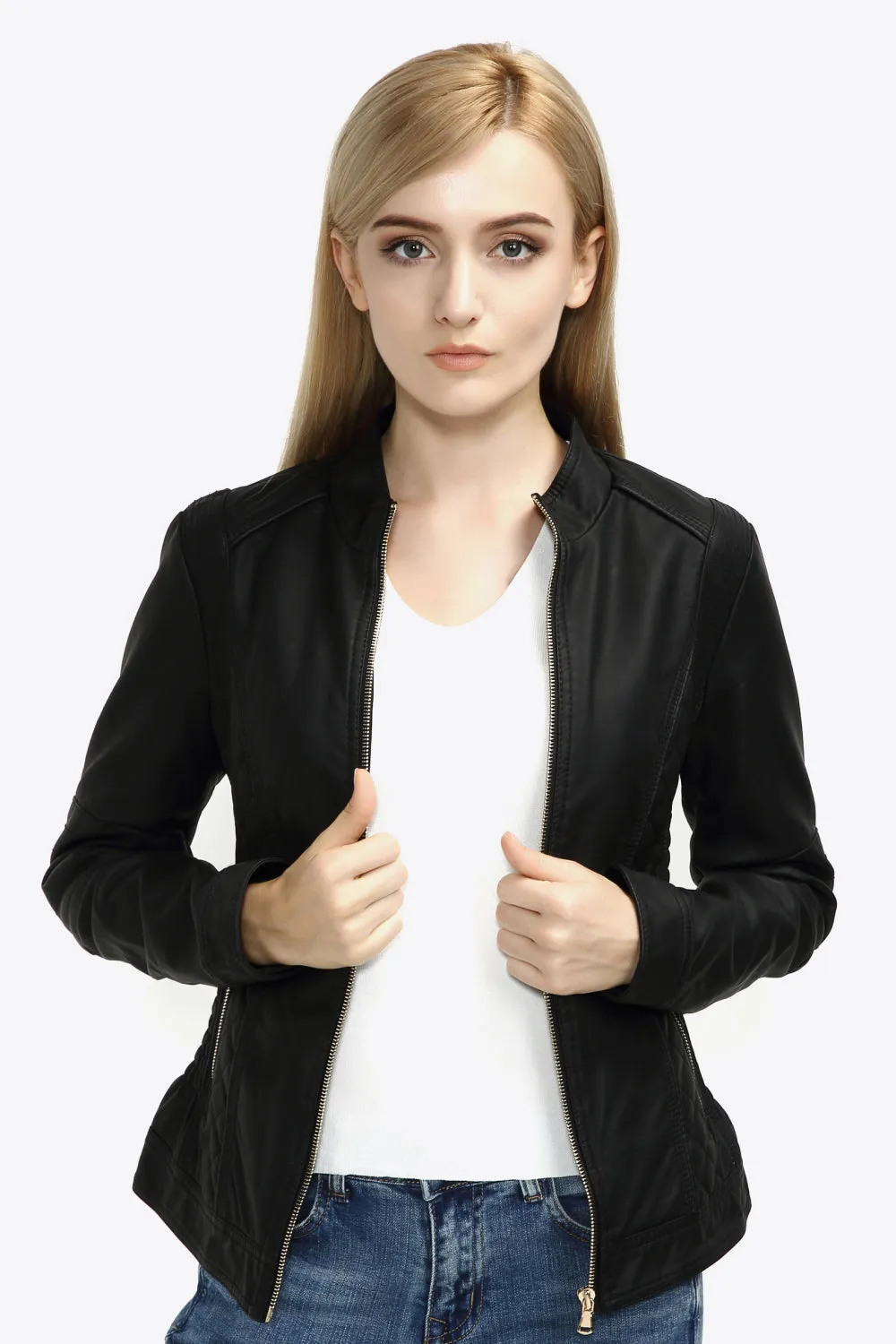 Zip Up PU Leather Jacket with Pockets