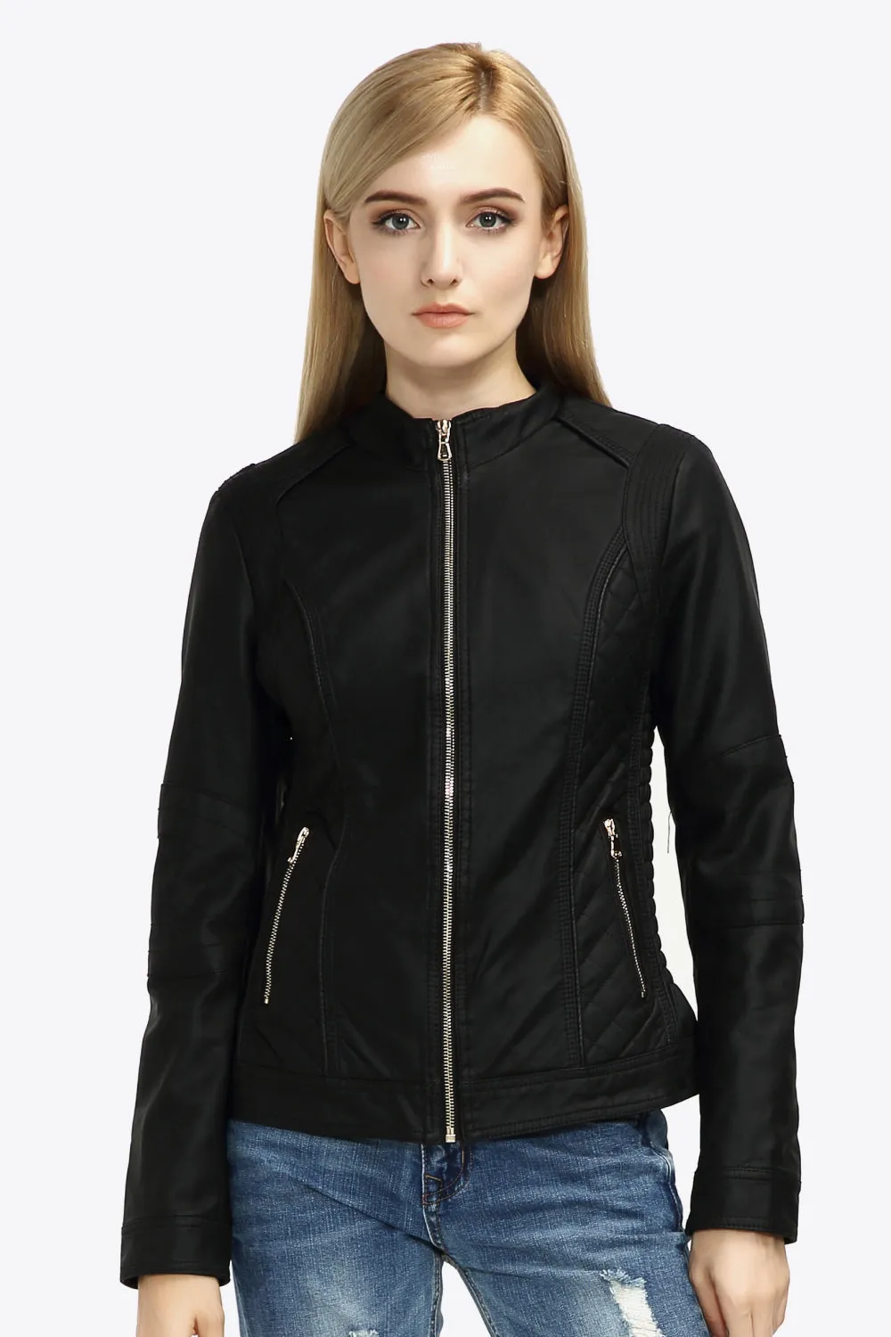 Zip Up PU Leather Jacket with Pockets