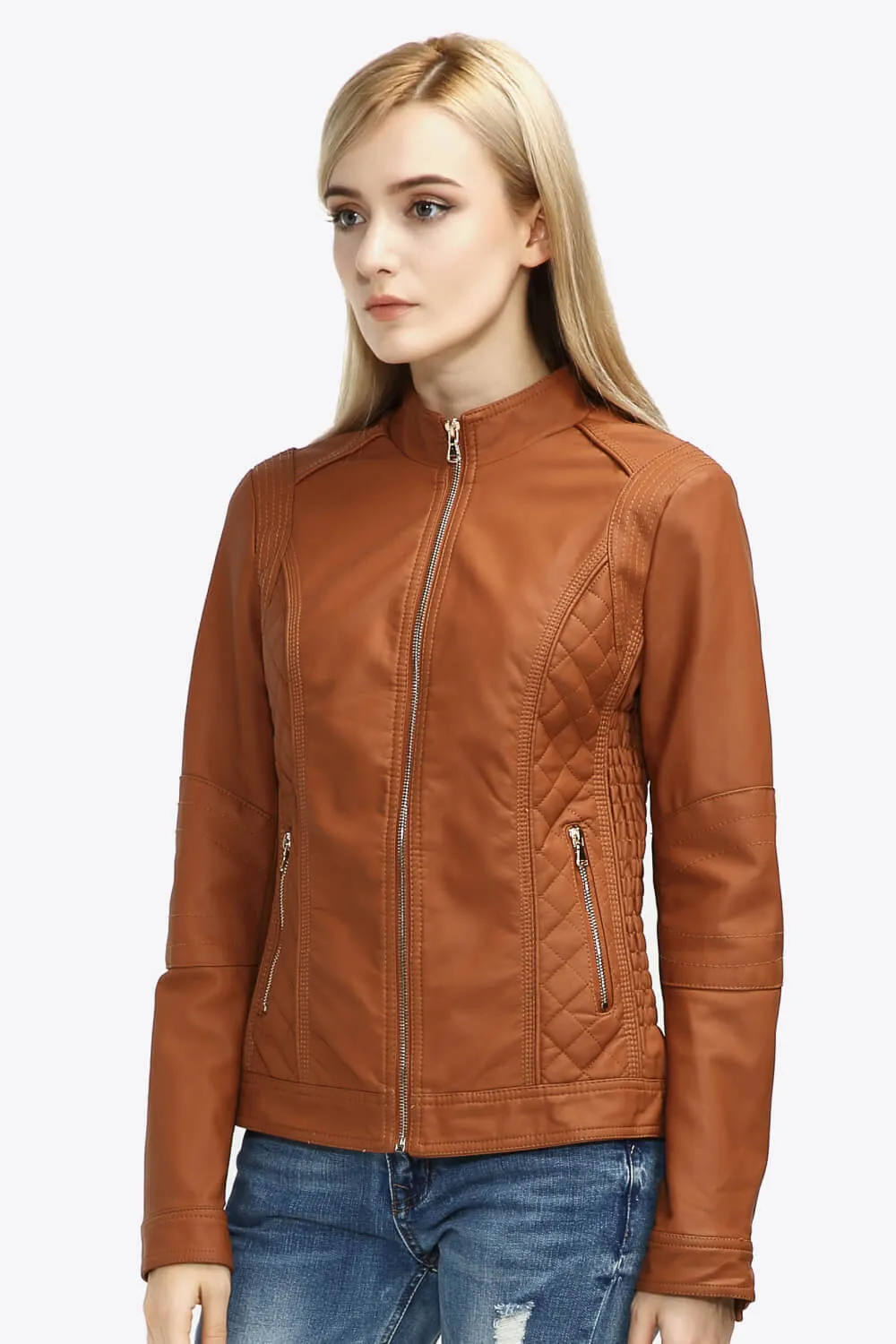 Zip Up PU Leather Jacket with Pockets