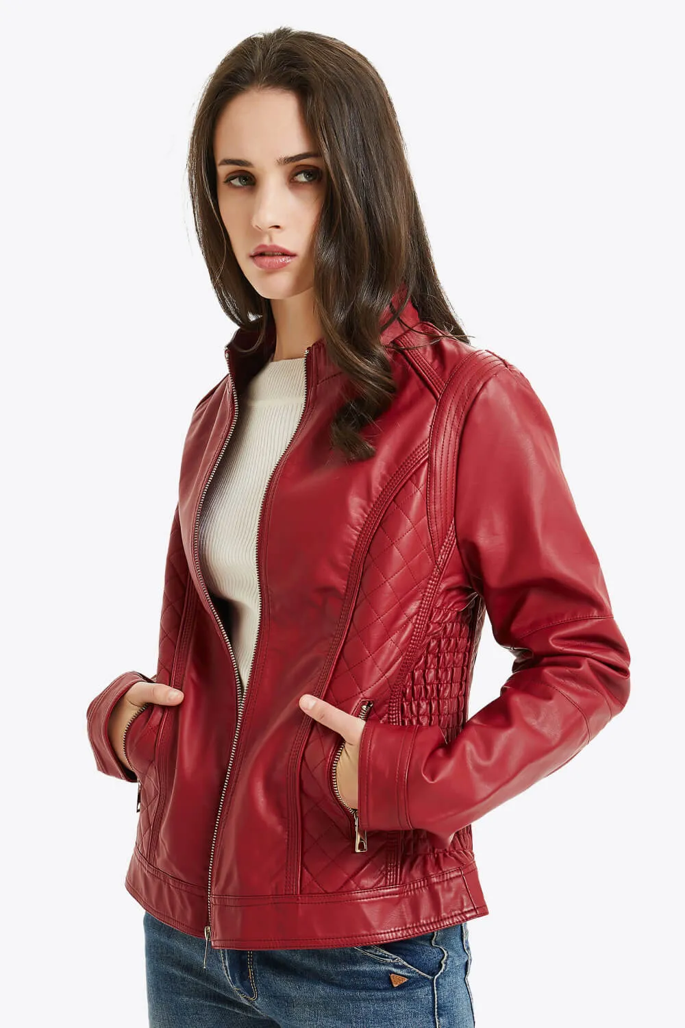 Zip Up PU Leather Jacket with Pockets