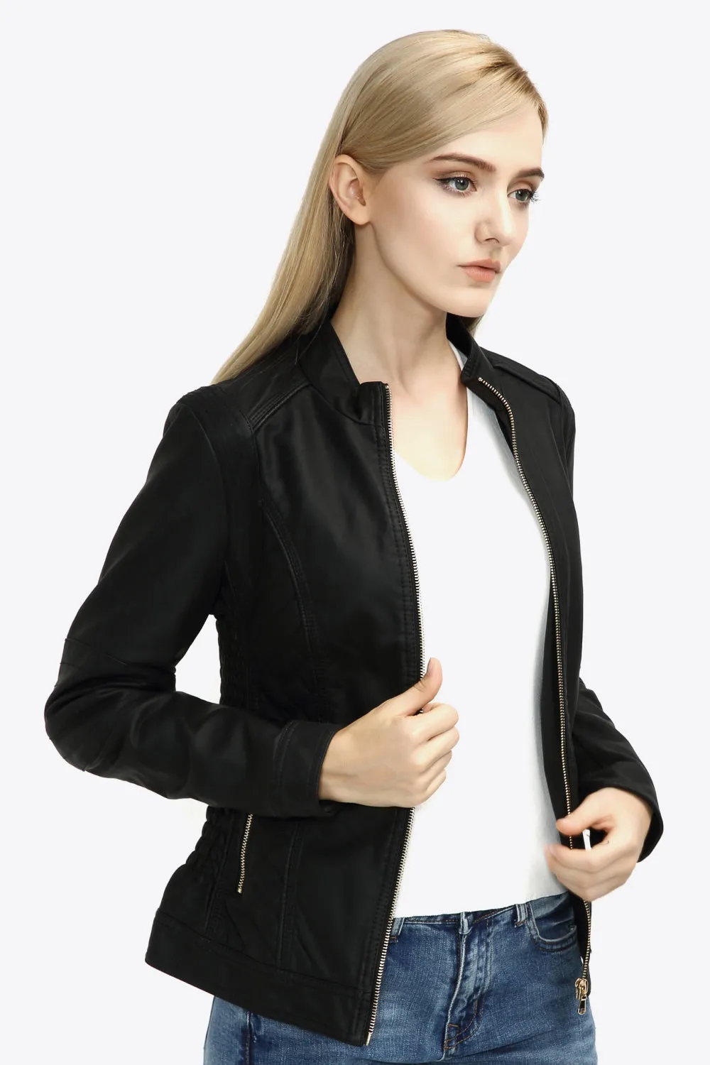 Zip Up PU Leather Jacket with Pockets