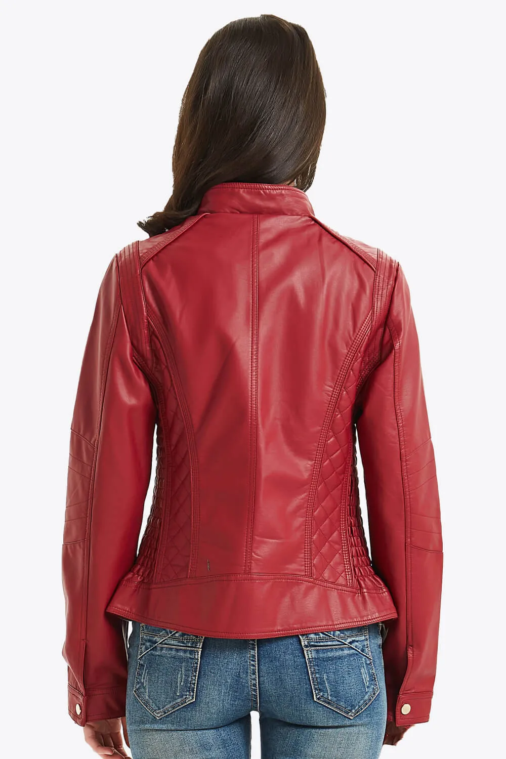 Zip Up PU Leather Jacket with Pockets