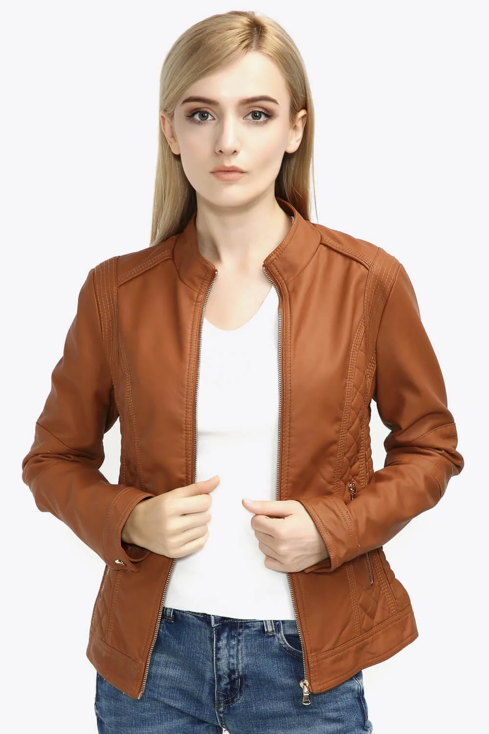 Zip Up PU Leather Jacket with Pockets