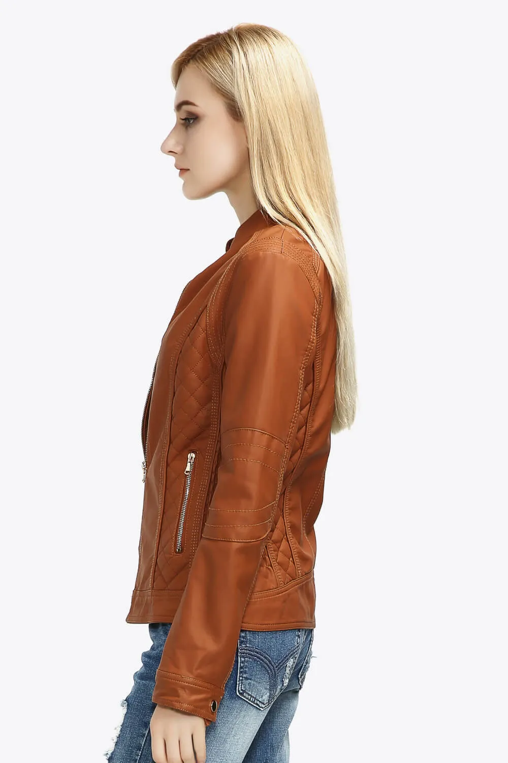 Zip Up PU Leather Jacket with Pockets