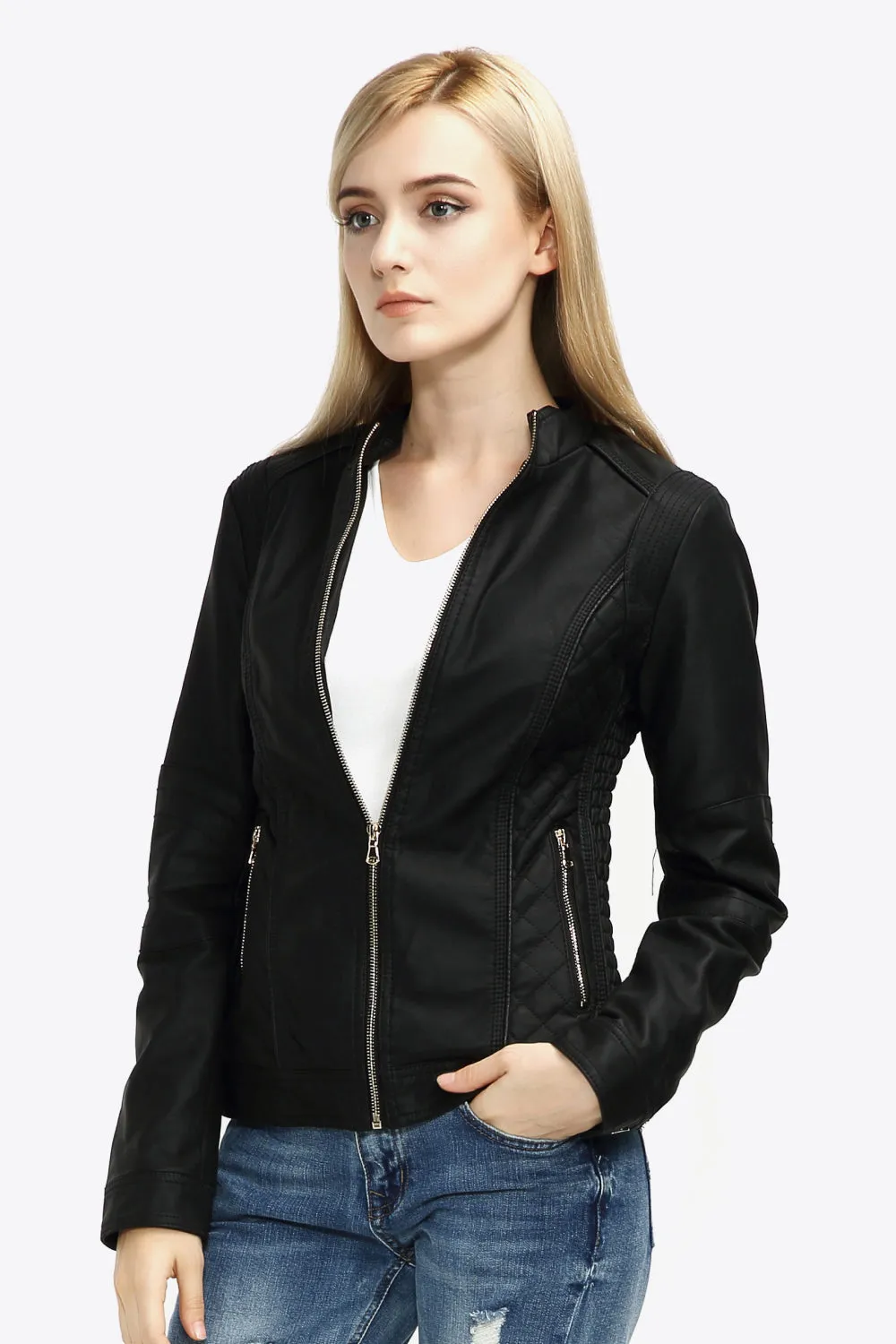 Zip Up PU Leather Jacket with Pockets