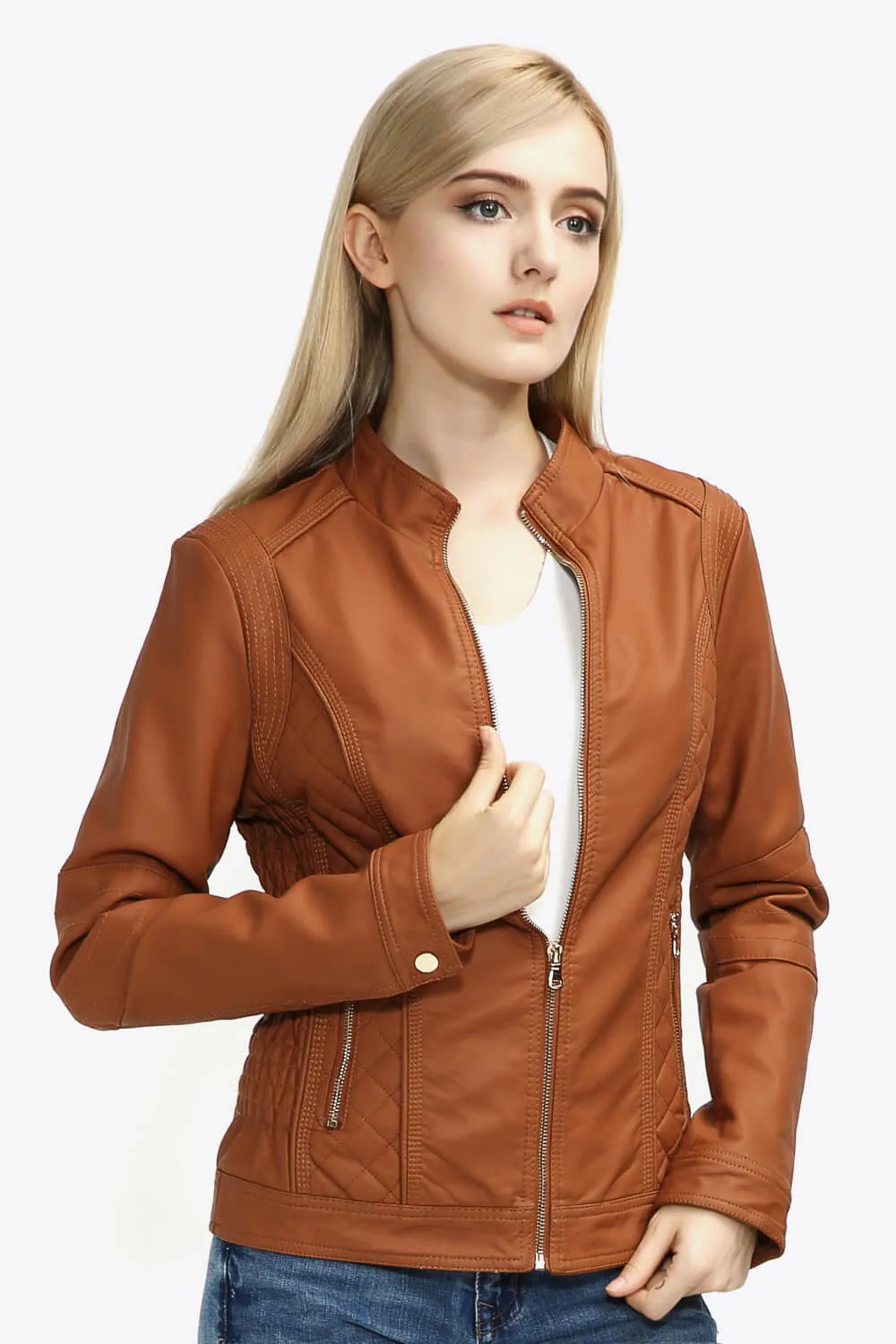 Zip Up PU Leather Jacket with Pockets