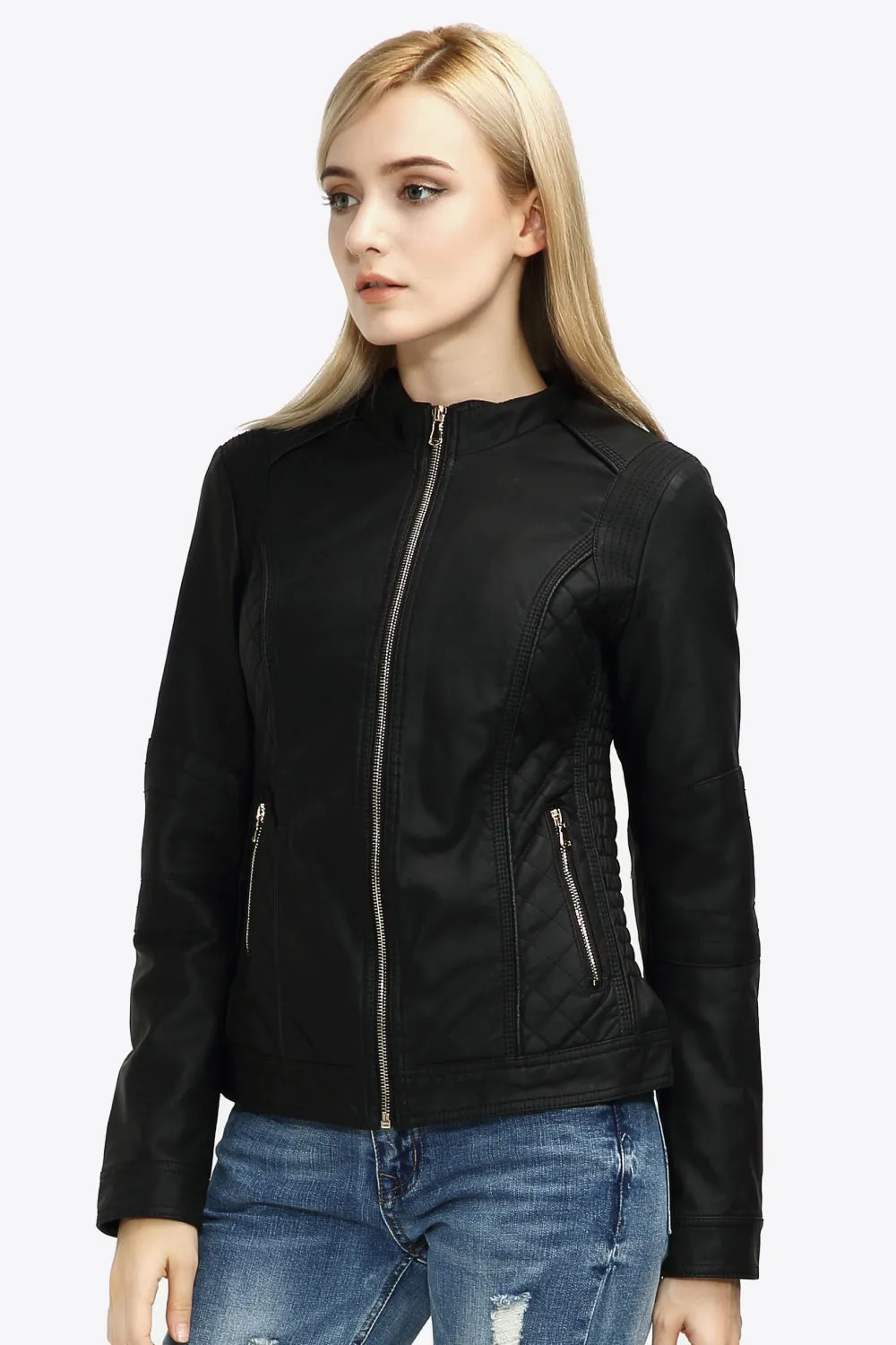 Zip Up PU Leather Jacket with Pockets